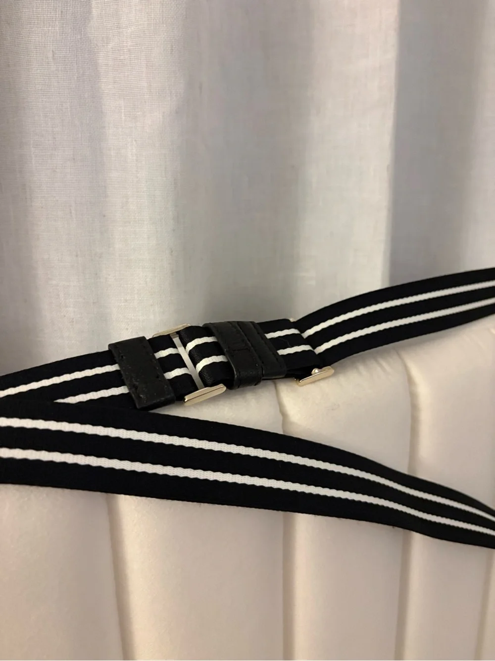 kate spade Gold-Tone Key Ring with Black & White Stripe Strap